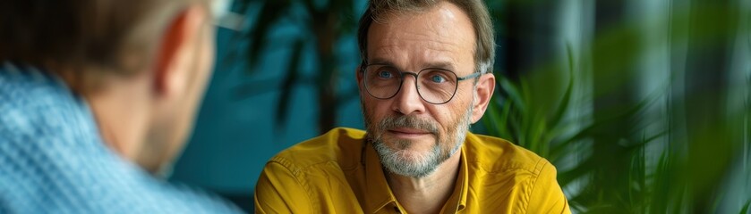 Middle-aged Man in Yellow Shirt Having a Serious Conversation in a Modern Office Setting
