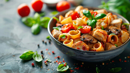 Pasta mushrooms with chicken, parmesa and basil on white background, copy space, top view