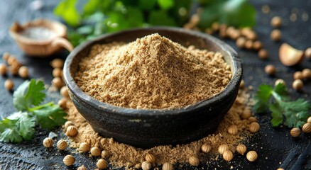 Ground Coriander Spice in a Bowl With Fresh Cilantro Leaves and Seeds on Black Background