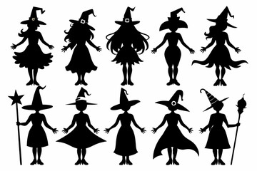 Halloween witch set. Black silhouette Halloween witch vector illustration, set of halloween witches