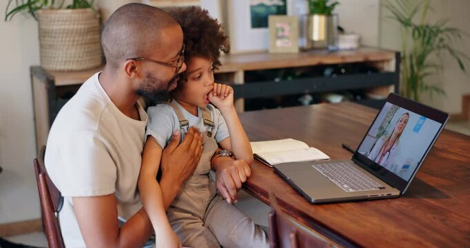 Child, family and video call with doctor for telehealth, support and virtual consultation at home on laptop screen. Man, father or dad with kid wave hello to pediatrician for medical advice.