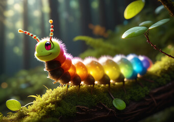 A photo of a rainbow colored caterpillar on a moss covered branch. Generative AI.	