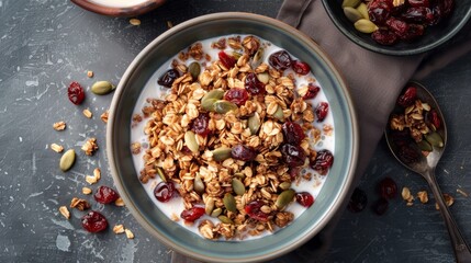 A bowl of maplebuckwheat granola studded with dried cranberries and pumpkin seeds served with a splash of almond milk.