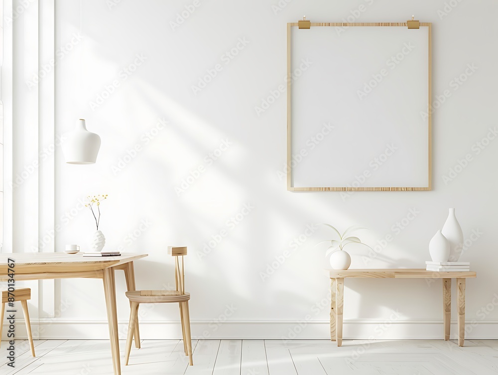 Wall mural Minimalist Living Room Interior with Wooden Furniture and a Blank Canvas.