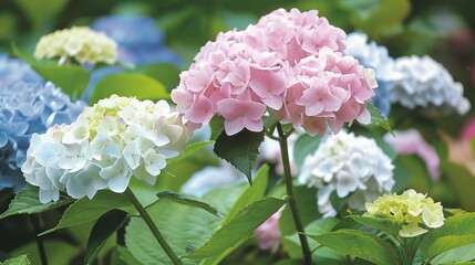 Hydrangeas bloom in clusters of pink, blue, and white, their large, showy flowers a favorite in summer gardens.