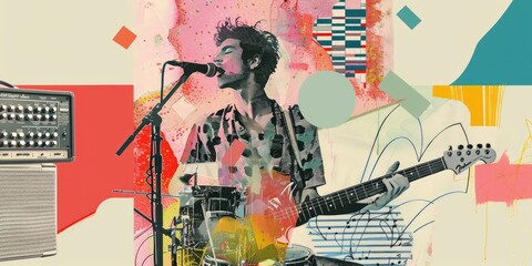 The image is an illustration of a man playing the guitar and singing. He is standing in front of a microphone and there is an amplifier next to him. The background is a colorful abstract pattern.