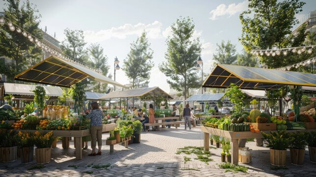 A city square with a modern eco-friendly market, solar-powered stalls, and customers enjoying locally sourced produce.