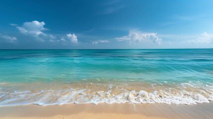 Fototapeta premium Sandy beach meets the clear blue ocean under a bright sky.