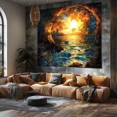 Obraz premium A 3D rendered living room wall poster mockup featuring a surreal digital with a dreamlike color palette imaginative composition and contemplative atmosphere designed for interior design decor