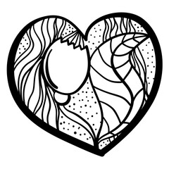 Outline heart with fantasy patterns, coloring page with tulip and stripes