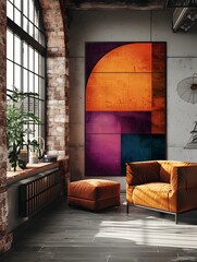 Vibrant Abstract Wall Poster Mockup in Modern Industrial Loft Setting