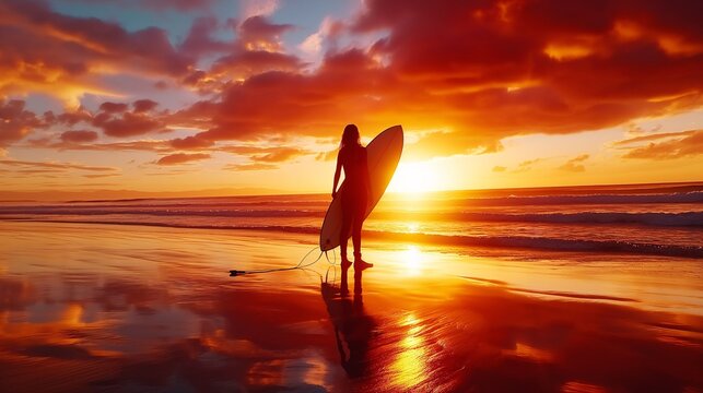A silhouette of a surfer holding a surfboard, standing on a beach at sunset with reflections on the wet sand.