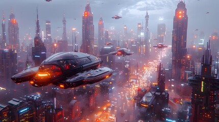Futuristic Metropolis with Towering Skyscrapers and Hover Vehicles on Neon Lit Streets
