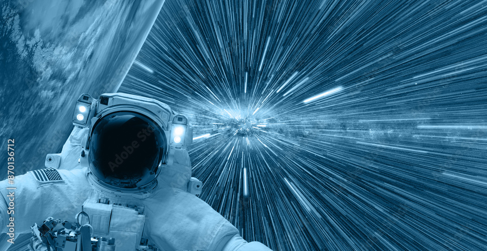 Aufkleber An astronaut watching  Hyperspace jump milky way galaxy in the background - Space Travelling in the Speed of Light - Abstract light with fibre-optic. 