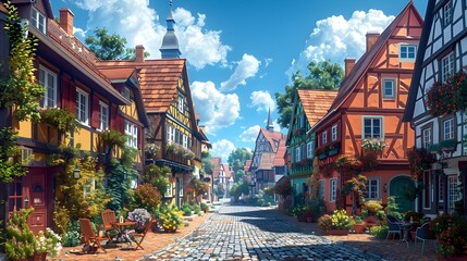 Fototapeta premium Charming Storybook European Village with Cobblestone Streets and Quaint Cafes