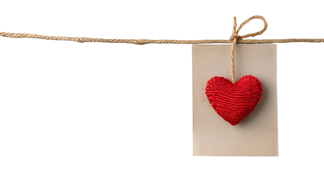 Heart Tag on Rope, Red Knitted Heart Hanging, Blank Tag, Valentine's Day, Love Symbol, Romantic Decor.