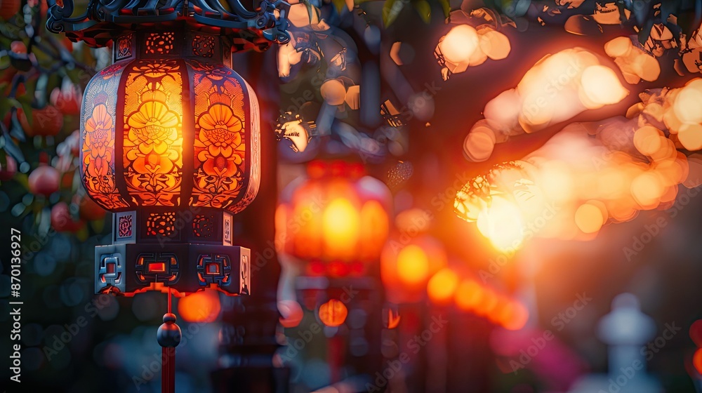 Wall mural brightly illuminated red lanterns hanging outdoors during a festival, with a beautiful bokeh backgro