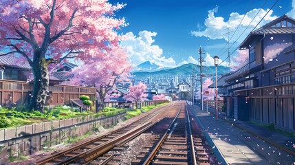Fototapeta premium Cherry Blossom Streets landscape anime style 