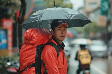 Professional Photography of a food delivery person in the rain. Highlight the challenges of the job, Generative AI