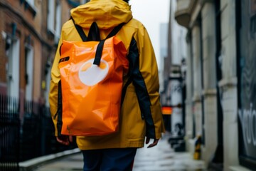 Professional Photography of a food delivery person with a branded delivery bag. Focus on the branding and equipment, Generative AI