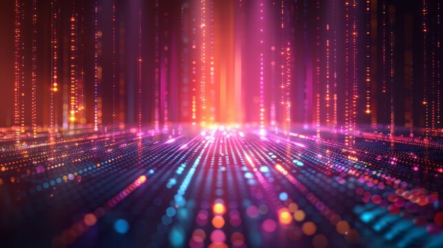 3d render, abstract futuristic neon background, pink blue fireworks over cosmic landscape, glowing rectangular frame, ultraviolet light, virtual reality space, energy source, mountains, rocks,