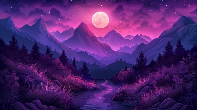 3d render, abstract futuristic neon background, pink blue fireworks over cosmic landscape, glowing rectangular frame, ultraviolet light, virtual reality space, energy source, mountains, rocks,