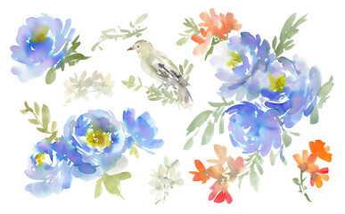 Set of abstract blue flowers and birds painted in watercolor with a transparent background. Elements include watercolor peonies, various flowers, and birds