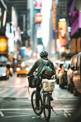 Naklejka premium Professional Photography of a food delivery person in a busy city street. Capture the hustle and bustle, Generative AI 