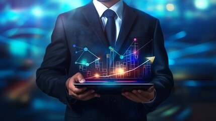 Executive with Tablet Viewing Transparent Financial Graphs, Demonstrating Growth in High-Tech Workplace