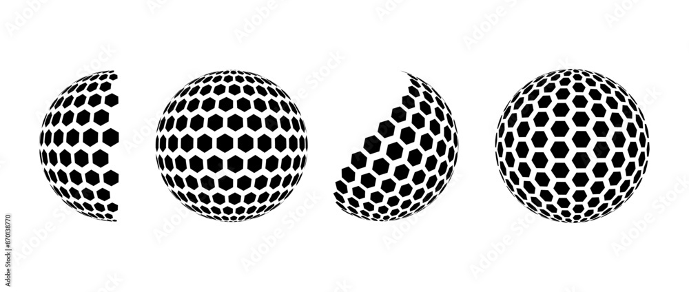 Poster black halftone pattern sphere set. hexagon wireframe 3d circle collection. grid globe element bundle