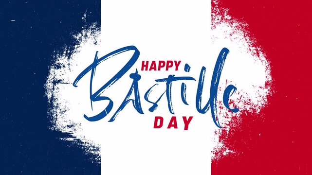 happy bastille day text animation with the eiffel tower as the letter A on French flag background. It's great for French National Day celebrations, banners, greetings, events, etc.