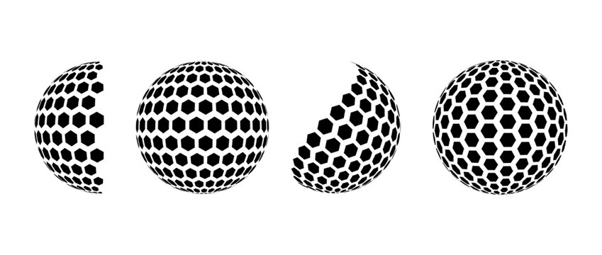 Black halftone pattern sphere set. Hexagon wireframe 3d circle collection. Grid globe element bundle. Round shape pack for tech poster, banner, cover, emblem. Vector illustration