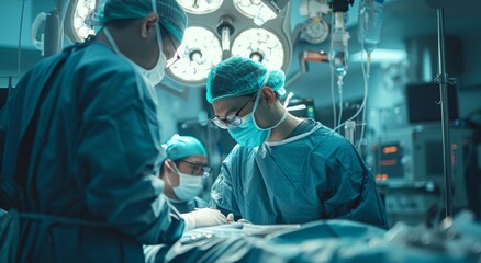 Surgeons performing complex operation in modern operating room under bright surgical lights