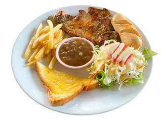 Western-Style Pork Steak with Sausage, Fries, Salad, and Toast on White Background, Affordable Street Food in Thailand, Ideal for Restaurant Menus and Food Blogs