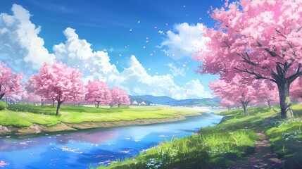 Cherry Blossom Trees in Full Bloom landscape anime style
