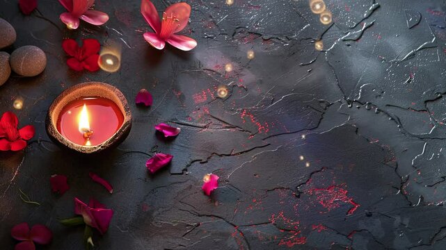 flat way dilwali lamp wit some flower and stone background