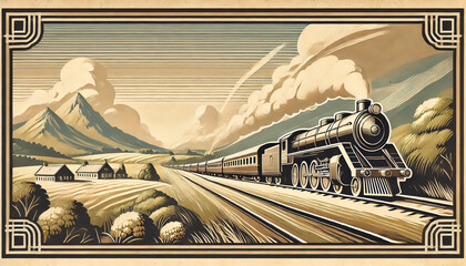 Retro Train Passing Through Countryside