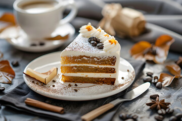 A cup of coffee with a slice of cake