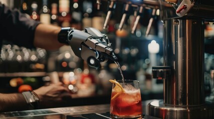 The picture of the robot that working as the bartender at the bar also serving the beverage or cocktails, the bartender require skill ingredient knowledge, menu development and flavor pairing. AIG43.
