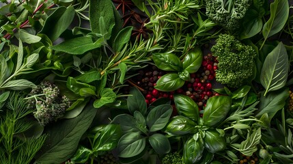 A close up of a variety of herbs and spices, including basil, parsley, and rosemary