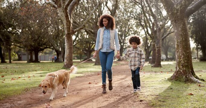 Mother, son and walking dog in countryside, bonding and exercise for pet on park trail or path. Woman, boy and fitness for animal in nature for wellness, love and holding hands on holiday for support