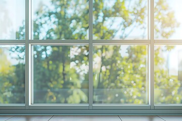 A window with a tree outside. The tree is green and the sunlight is shining through the window