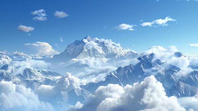 Snow-capped peaks with bright blue skies and white clouds.
