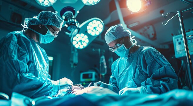 Two doctors performing surgery in a modern operating room