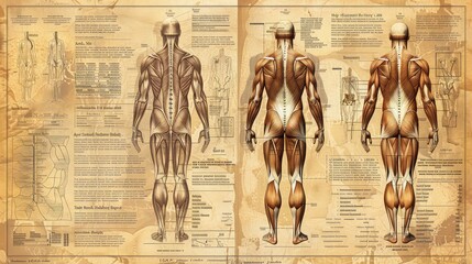 The muscular system illustrated in a vintage medical textbook style, sepia tones, detailed anatomy, nostalgic feel, Vintage, Illustration