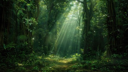 Obraz premium A dense forest with a single ray of sunlight piercing through the canopy, highlighting hope in darkness.