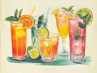 Vintage summer recipes: Classic 1950s cookbook with colorful illustrations of refreshing summer dishes and drinks