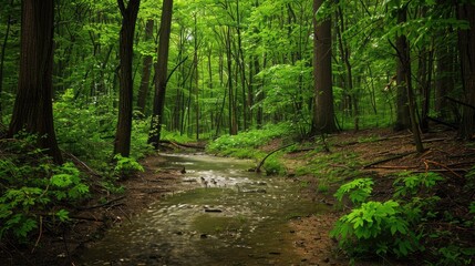 Obraz premium A dense forest with a single, clear stream flowing through, illustrating purity and the journey of life.