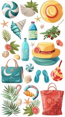 Vibrant collection of holiday beach items, featuring beach ball, seashells, sun hat, and beach bag, detailed and fun, isolated on a transparent background