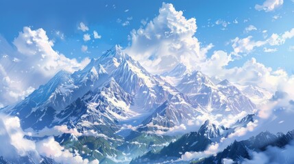 Fototapeta premium Snow-capped peaks with bright blue skies and white clouds.